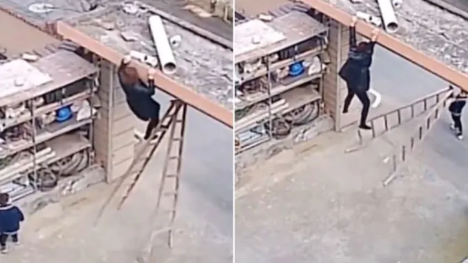 Un niño salva a su madre de caer desde un techo