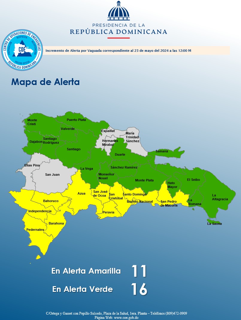 Aumentan a 16 las provincias en alerta verde