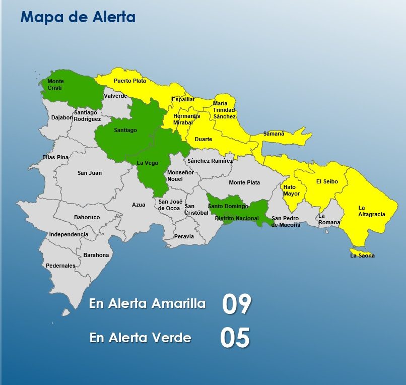 Elevan a 9 las provincias en alerta amarilla y disminuyen las verdes por incidencia de vaguada