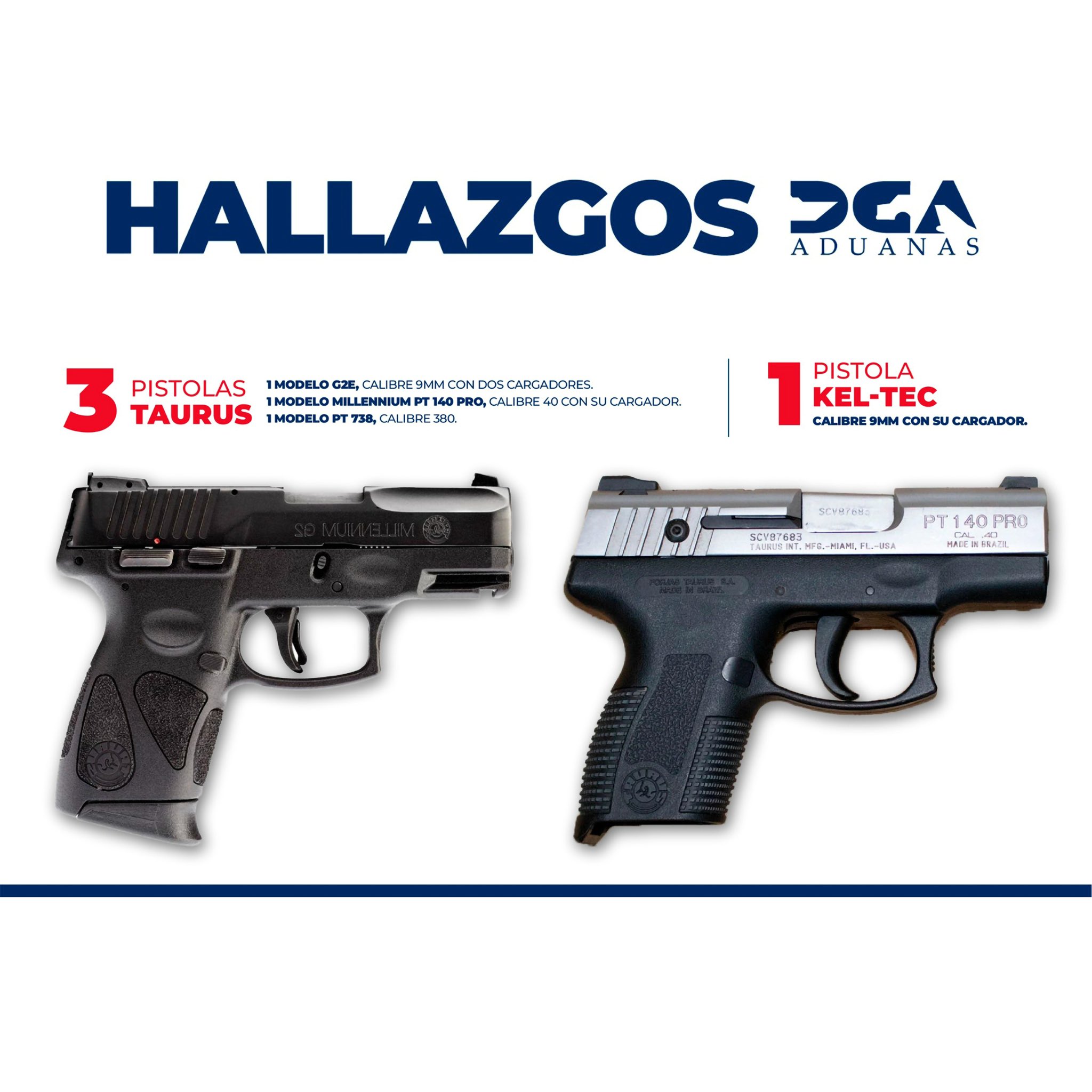 Aduanas decomisa cuatro pistolas encontradas en recipientes de jugo, cocoa y detergentes  