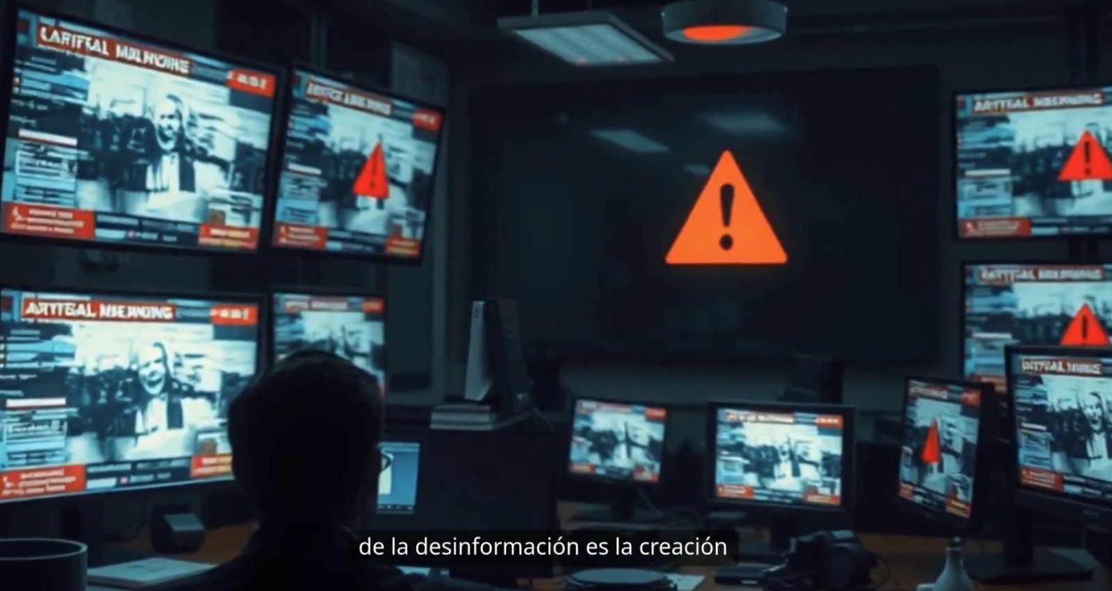 Sala de control con pantallas mostrando alertas de desinformación.