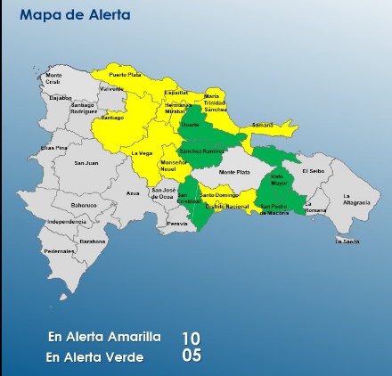 COE coloca diez provincias en alerta amarilla y cinco en verde a causa de una vaguada