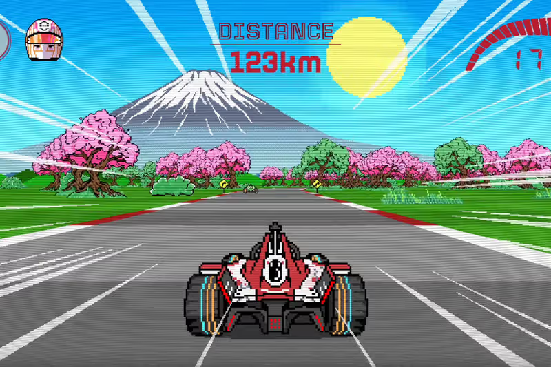 Videjuego retro de carreras en paisaje montañoso