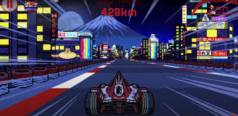 Videojuego retro de carreras en ciudad nocturna.