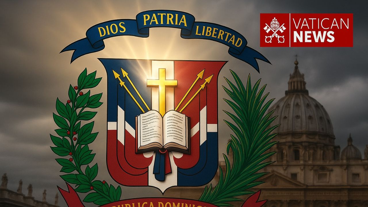 Escudo y Vaticano en fondo nublado