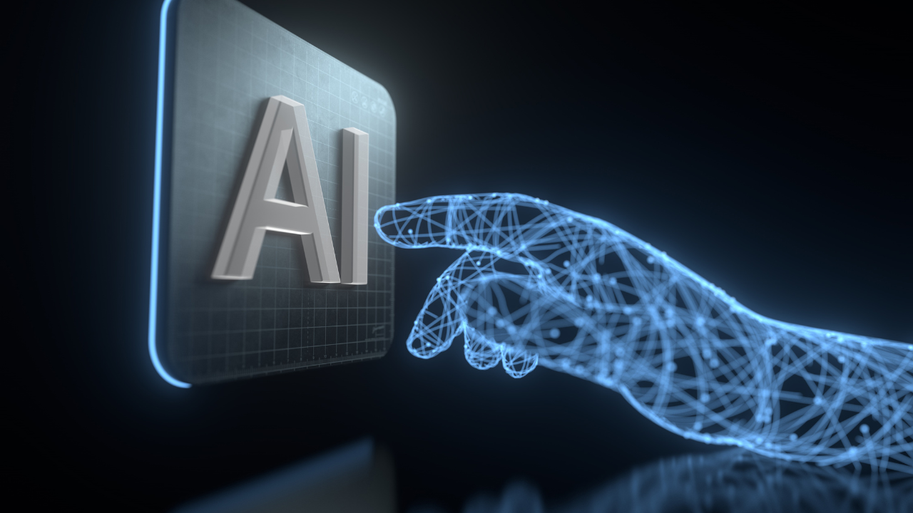 Mano digital señala símbolo de inteligencia artificial