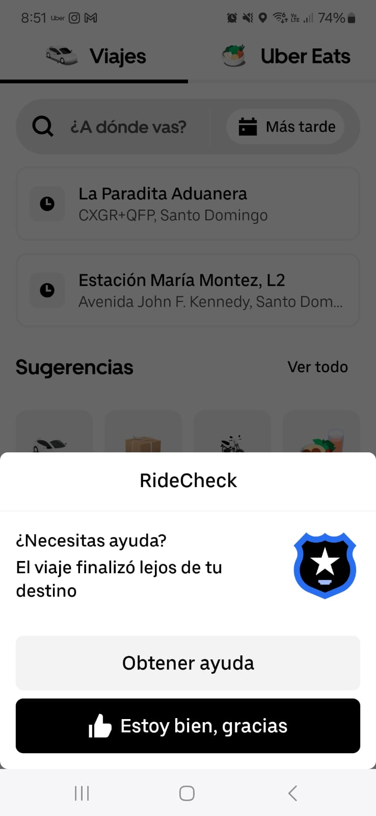 Pantalla Uber RideCheck ofrece ayuda