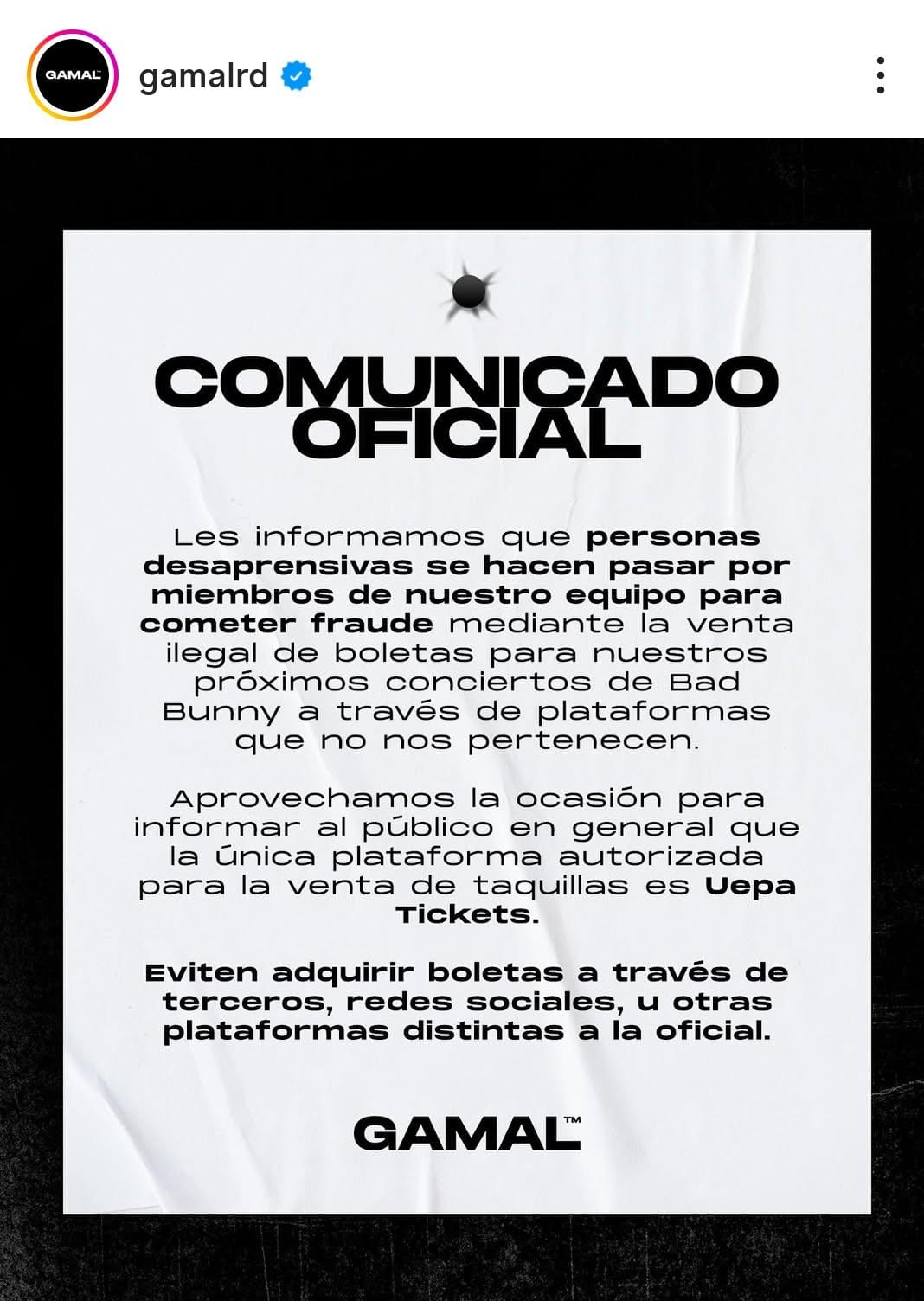 Comunicado sobre fraude en venta de boletos.