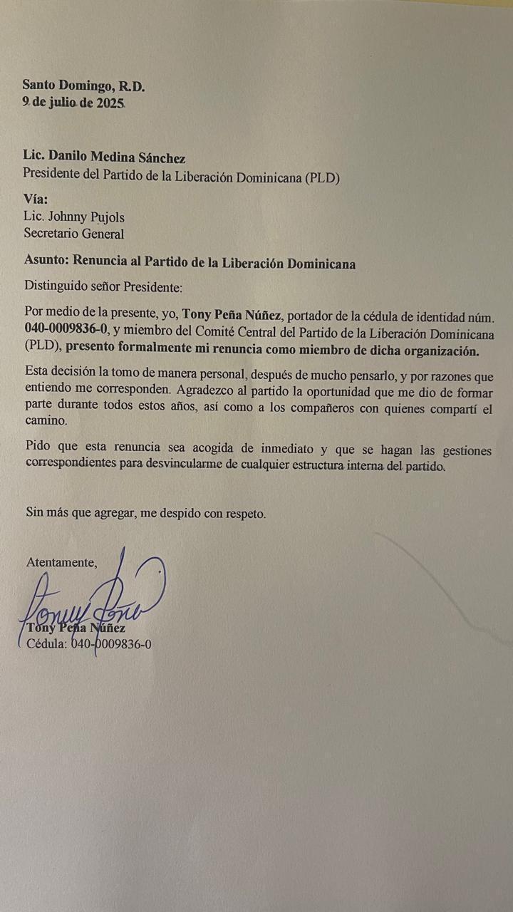 Carta de renuncia a partido político dominicano.